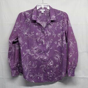 Liz Claiborne Womens Top Linen Blend XL Button Up Floral Long Sleeve Purple